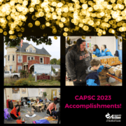 A collage of photos with people and houses in the background.